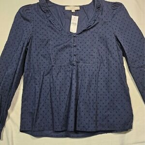 LOFT Navy Blue Dot Texture V‎ Neck Button Front Long Sleeve Blouse Top Size S
